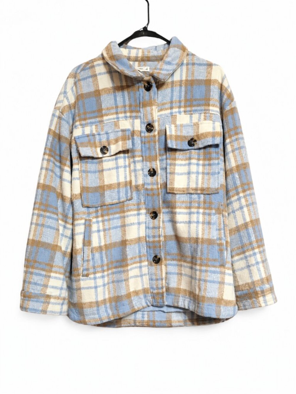 12th Tribe Blue Tan Plaid Oversized Shacket S/M
